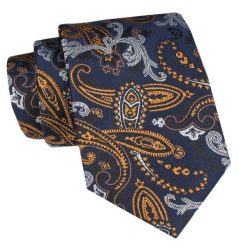 Klasyczny Krawat Męski - ALTIES - Granat, Złote Paisley. Niebieskie krawaty i muchy Alties, bez wzorów, z tkaniny, eleganckie. Za 49.00 zł.