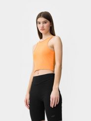 4F Crop top z wycięciem na plecach damski L. Brązowe topy damskie 4F, l, bez wzorów, z dzianiny, bez kołnierzyka, bez ramiączek. W wyprzedaży za 29.99 zł.