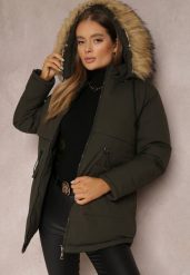 Ciemnozielona Kurtka Parka z Odpinanym Kapturem i Futerkiem Veazee. Zielone kurtki damskie Renee, na zimę, m, bez wzorów, z jeansu. Za 169.99 zł.
