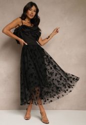 Czarna Rozkloszowana Spódnica Tiulowa Zdobiona Welurowym Printem w Kwiaty Folisena. Czarne spódnice damskie Renee, na co dzień, l, z aplikacjami, z materiału, eleganckie, midi, oversize. Za 79.99 zł.