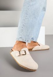 Beżowe Klapki Chodaki Ozdobione Klamrą Leanille. Brązowe klapki damskie Renee, bez wzorów, z jeansu, eleganckie, bez obcasa, na płaskiej podeszwie, bez zapięcia. W wyprzedaży za 82.49 zł.