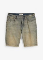 Bermudy dżinsowe z elastycznego materiału, dirty washed, regular fit. Niebieskie jeansy męskie bonprix, z jeansu. Za 47.99 zł.