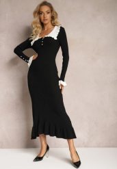 Czarna Sweterkowa Sukienka Midi z Wywiniętym Kołnierzem i Falbankami Totfara. Czarne sukienki damskie Renee, m, bez wzorów, z wiskozy, eleganckie, bez kołnierzyka, bez ramiączek, midi. Za 129.99 zł.