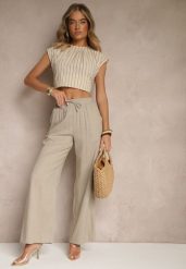 Beżowe Spodnie z Lnem o Szerokim Kroju z Gumką w Talii Filarive. Brązowe spodnie materiałowe damskie Renee, na lato, bez wzorów, z jeansu, eleganckie. Za 54.99 zł.
