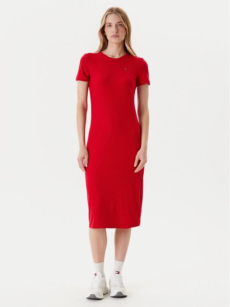 Tommy Jeans Sukienka codzienna DW0DW19721 Czerwony Slim Fit. Czerwone sukienki damskie Tommy Jeans, na co dzień, xs, bez wzorów, z jeansu, bez kołnierzyka, bez ramiączek, proste. Za 199.99 zł.