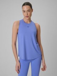 4F Top treningowy szybkoschnący damski - niebieski L. Niebieskie topy damskie 4F, l, bez wzorów, z materiału, klasyczne, bez kołnierzyka, bez ramiączek. Za 79.99 zł.