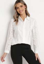 Biała Koszula Ozdobiona Haftem Ivnaa. Białe koszule damskie Born2be, l, bez wzorów, bez kołnierzyka, bez ramiączek. Za 69.99 zł.