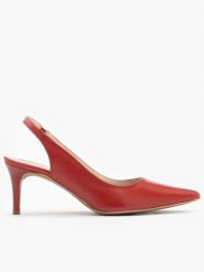 Czerwone czółenka typu slingback na szpilce. Czerwone czółenka damskie Ryłko, bez wzorów, z gumy, bez obcasa, na szpilce, bez zapięcia. Za 349.99 zł.
