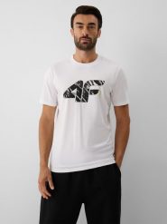 4F T-shirt regular z nadrukiem męski - biały L. Białe koszulki sportowe męskie 4F, l, bez wzorów, z bawełny, bez kołnierzyka, bez ramiączek. Za 59.99 zł.