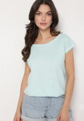 Jasnoniebieski Bawełniany T-shirt w Klasycznym Stylu Raliessa. Niebieskie t-shirty damskie Born2be, l, bez wzorów, z bawełny, klasyczne, bez kołnierzyka, bez ramiączek. Za 34.99 zł.