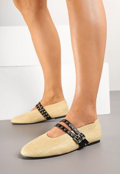 Beżowe Balerinki z Tweedowym Akcentem i Dwiem Sprzączkami Gavirna. Brązowe balerinki damskie Renee, z aplikacjami, z jeansu, eleganckie, bez obcasa, bez zapięcia. Za 59.99 zł.