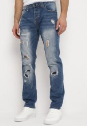 Granatowe Jeansy Regular Ozdobione Dziurami i Przetarciami Tetersa. Niebieskie jeansy męskie Born2be, z jeansu. Za 74.99 zł.