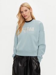 Guess Bluza V4BQ03 KCHX0 Niebieski Regular Fit. Niebieskie bluzy damskie Guess, s, z aplikacjami, z syntetyku, bez ramiączek, bez kaptura. Za 219.99 zł.