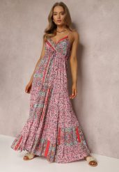 Różowa Sukienka z Wiskozy Fihi. Czerwone sukienki damskie Renee, l, bez wzorów, z wiskozy, boho, bez kołnierzyka, bez ramiączek, maxi, kopertowe. Za 74.99 zł.