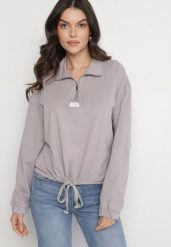 Szara Bluza z Bawełną i Suwakiem Ściągana Sznurkami Felasa. Szare bluzy damskie Born2be, na wiosnę, l, bez wzorów, z bawełny, casualowe, bez ramiączek, bez kaptura. Za 59.99 zł.