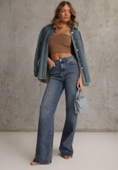 Niebieskie Jeansy Wide Leg High Waist z Bawełną i Dodatkiem Wiskozy Phrixanise. Niebieskie jeansy damskie Renee, bez wzorów, z bawełny, z podwyższonym stanem, plus size. Za 169.99 zł.