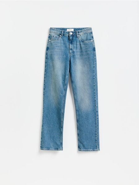 Jeansy straight fit - niebieski. Niebieskie jeansy damskie Reserved, bez wzorów, z bawełny. Za 199.99 zł.