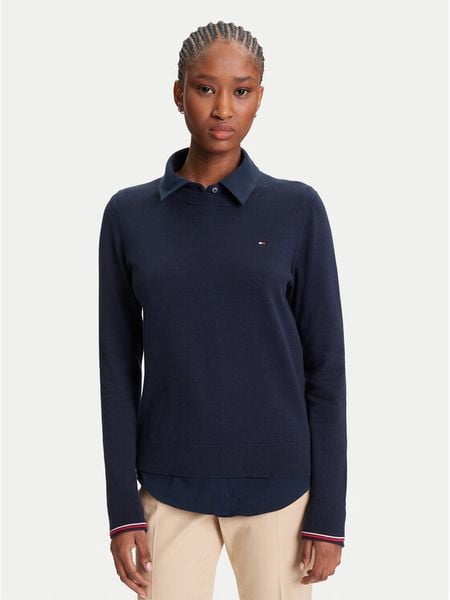 Tommy Hilfiger Sweter WW0WW44984 Granatowy Regular Fit. Niebieskie swetry nierozpinane damskie Tommy Hilfiger, l, bez wzorów, z bawełny, bez kołnierzyka, bez ramiączek. Za 299.99 zł.