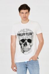 PHILIPP PLEIN T-shirt biały z popękaną czaszką. Białe t-shirty męskie Philipp Plein, m, bez wzorów, bez kołnierzyka, bez ramiączek. W wyprzedaży za 799.99 zł.