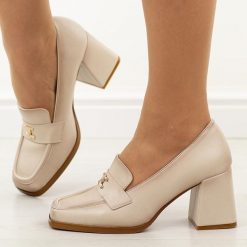 Beżowe półbuty damskie na słupku Potocki 12783. Czarne półbuty damskie POTOCKI, na jesień, z aplikacjami, z materiału, biznesowe, bez obcasa, na obcasie, bez zapięcia. Za 189.00 zł.