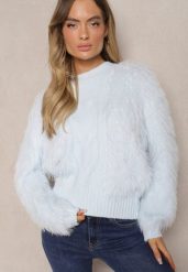 Jasnoniebieski Sweter o Futrzanym Wykończeniu z Wełną Meriaune. Niebieskie swetry nierozpinane damskie Renee, na zimę, bez wzorów, z futra, casualowe, bez kołnierzyka, bez ramiączek. Za 54.99 zł.