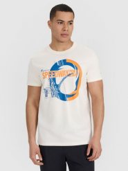 4F T-shirt regular z nadrukiem męski - beżowy M. Brązowe koszulki sportowe męskie 4F, m, bez wzorów, z bawełny, bez ramiączek. W wyprzedaży za 49.99 zł.