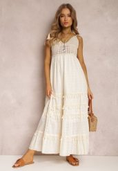 Jasnobeżowa Sukienka Eidameia. Brązowe sukienki damskie Renee, m, bez wzorów, z koronki, boho, bez kołnierzyka, bez ramiączek, maxi, rozkloszowane. Za 169.99 zł.