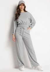 Szary Komplet Bawełniany Spodnie Szerokie ze Sznurkiem w Pasie i Bluza ze Ściągaczami Urionne. Szare bluzy damskie Born2be, l, bez wzorów, z bawełny, eleganckie, bez ramiączek, bez kaptura. Za 199.99 zł.