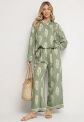 Zielony Komplet w Stylu Boho Oversize Długa Koszula i Luźne Spodnie Meppina. Zielone koszule damskie Born2be, m, bez wzorów, boho, bez kołnierzyka, bez ramiączek. Za 119.99 zł.
