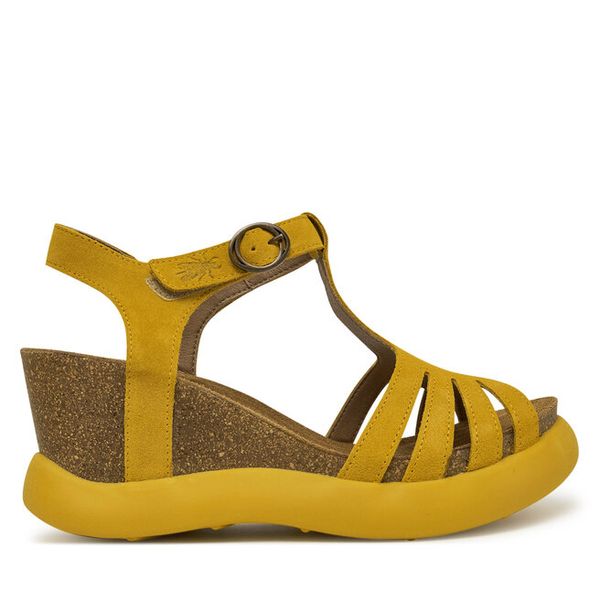 Sandały Fly London. Żółte sandały damskie Fly London, bez wzorów, bez obcasa, na koturnie, bez zapięcia. Za 529.99 zł.