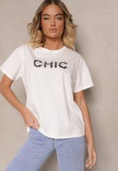 Biały T-shirt z Bawełny Ozdobiony Perełkami i Napisem Naloreth. Białe t-shirty damskie Renee, m, bez wzorów, z bawełny, eleganckie, bez kołnierzyka, bez ramiączek. Za 34.99 zł.