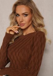 Ciemnobrązowy Sweter z Okrągłym Dekoltem i Tłoczeniami w Kształcie Liści Timaphone. Brązowe swetry nierozpinane damskie Renee, z aplikacjami, casualowe, bez kołnierzyka, bez ramiączek. Za 54.99 zł.