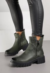 Zielone Botki do Kostki na Tłoczonej Podeszwie Zdobione Suwakiem Vodvire. Zielone botki damskie Born2be, z aplikacjami, z jeansu, eleganckie, bez obcasa, na płaskiej podeszwie, bez zapięcia. Za 129.99 zł.