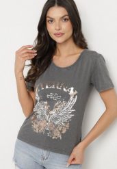 Ciemnoszary T-shirt z Bawełny z Nadrukiem Erenova. Szare t-shirty damskie Born2be, s, bez wzorów, z bawełny, klasyczne, bez kołnierzyka, bez ramiączek. Za 39.99 zł.