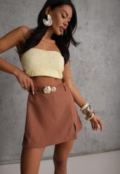 Brązowe Spódnico-Szorty High Waist Ozdobione Metaliczną Aplikacją i Paskiem Retness. Brązowe szorty damskie Renee, z aplikacjami, z podwyższonym stanem. Za 109.99 zł.