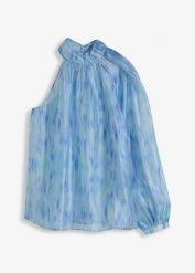 Bluzka szyfonowa na jedno ramię. Niebieskie bluzki damskie bonprix, bez wzorów, z szyfonu, eleganckie, bez kołnierzyka, bez ramiączek. Za 54.99 zł.