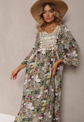 Beżowo-Granatowa Sukienka Boho z Wiskozy Ozdobiona Ażurową Koronką i Chwostami Giorna. Brązowe sukienki damskie Renee, na lato, xl, w ażurowe wzory, z koronki, boho, bez kołnierzyka, bez ramiączek, maxi. Za 54.99 zł.