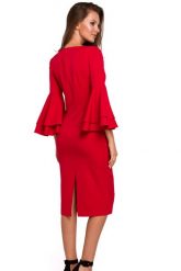 Sukienka na wesele elegancka midi z bufiastymi rękawami czerwona. Czerwone sukienki damskie Makover, na wesele, s, bez wzorów, eleganckie, bez kołnierzyka, bez ramiączek, midi, dopasowane. Za 289.00 zł.