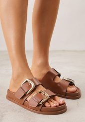 Brązowe Klapki z Metalicznymi Klamrami Aetheta. Brązowe klapki damskie Renee, bez wzorów, bez obcasa, na płaskiej podeszwie, bez zapięcia. Za 79.99 zł.