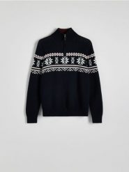 Sweter z rozpinanym golfem - granatowy. Niebieskie swetry męskie Reserved, l, bez wzorów, z bawełny, bez kołnierzyka, bez ramiączek. W wyprzedaży za 59.99 zł.