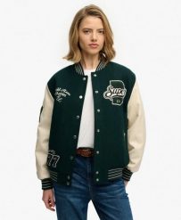 Superdry Kurtka Bomber Varsity Patched z Wełną i Poliestrem Recyklingowym. Zielone kurtki męskie Superdry, z aplikacjami, z bawełny, bez kaptura. Za 664.85 zł.