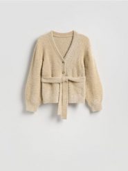 Kardigan z metalizowaną nicią - kremowy. Białe kardigany damskie Reserved, l, bez wzorów, z dzianiny, bez kołnierzyka. Za 179.99 zł.