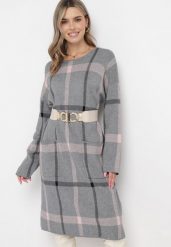 Szara Pudełkowa Sukienka Midi z Kieszeniami w Kratę Rafimara. Szare sukienki damskie Born2be, l, bez wzorów, z jeansu, bez kołnierzyka, bez ramiączek, midi. Za 129.99 zł.
