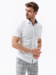Koszula męska dzianinowa z krótkim rękawem - biała V1 - Rozmiar: XL. Białe koszule męskie Ombre Clothing, m, bez wzorów, z dzianiny, bez kołnierzyka, bez ramiączek. W wyprzedaży za 49.99 zł.