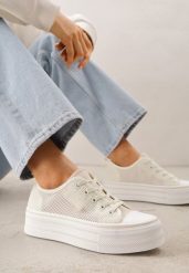 Beżowe Ażurowe Trampki na Platformie Irivana. Brązowe trampki i tenisówki damskie Renee, w ażurowe wzory, z jeansu, bez zapięcia. Za 74.99 zł.