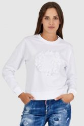GUESS Biała bluza damska z literką g obszytą płatkami. Białe bluzy damskie Guess, s, z aplikacjami, z bawełny, bez ramiączek, bez kaptura. W wyprzedaży za 249.99 zł.