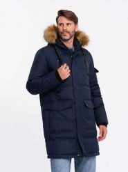 Długa ciepła kurtka męska z kapturem typu parka – granatowa V1 OM-JALJ-0182 - XXL. Niebieskie kurtki męskie Ombre Clothing, l, z aplikacjami, z materiału, eleganckie, z kapturem. W wyprzedaży za 239.99 zł.