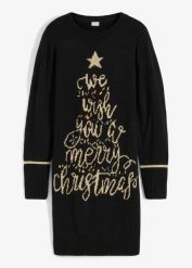 Sukienka dzianinowa z bożonarodzeniowym motywem. Czarne sukienki damskie bonprix, bez wzorów, z dzianiny, eleganckie, bez kołnierzyka, bez ramiączek. Za 169.99 zł.
