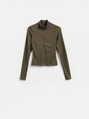 Bluza ze stójką - ciemnozielony. Zielone bluzy damskie Reserved, l, bez wzorów, z dzianiny, bez ramiączek, bez kaptura. Za 99.99 zł.