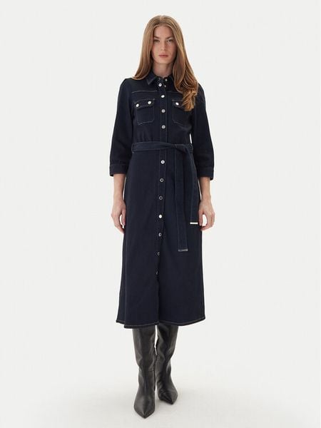 Morgan Sukienka jeansowa 252-RJEANA Granatowy Regular Fit. Niebieskie sukienki damskie Morgan, bez wzorów, z bawełny, bez kołnierzyka, bez ramiączek, koszulowe. Za 409.99 zł.